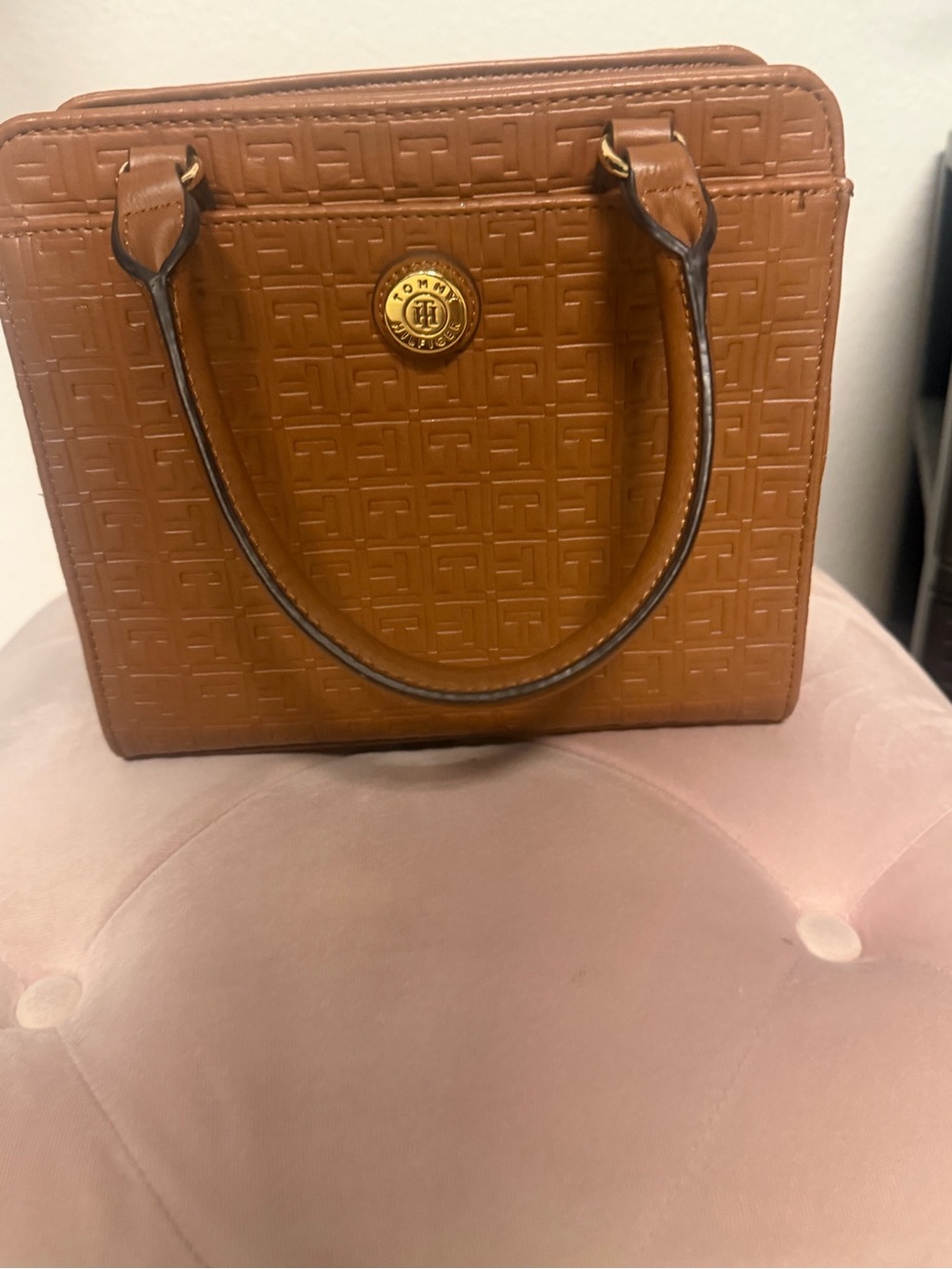 Tommy Hilfiger Tan Embossed Leather Satchel with Gold Medallion